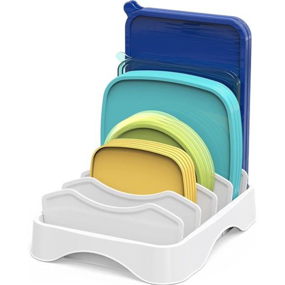 Food Container Lid Organizer, Adjustable Dividers Lids Storage, 10''x8'', White
